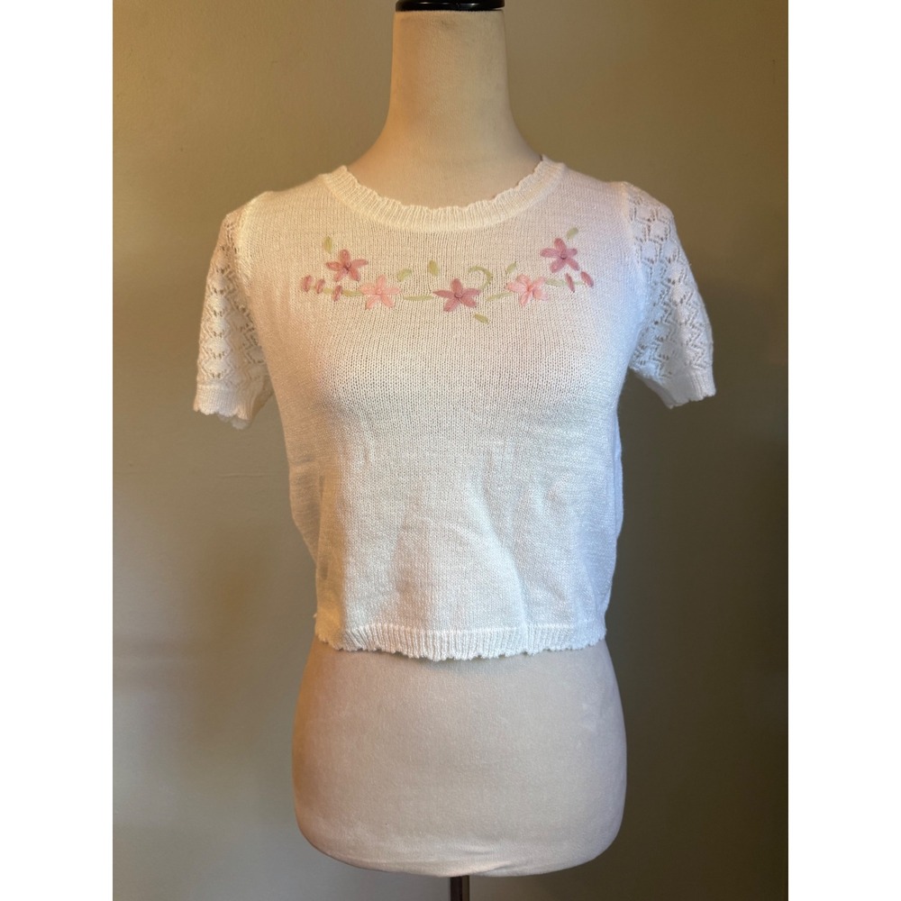 Knit Mix White Floral Embroidered Shimmer Crop Sweater Top Pointelle Puff y2k S